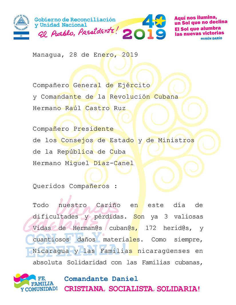 Mensaje de Solidaridad a los Compa&ntilde;eros General de Ej&eacute;rcito y Comandante de la Revoluci&oacute;n Cubana, Ra&uacute;l Castro Ruz, y Miguel D&iacute;az-Canel
